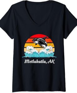 Womens Vintage Metlakatla AK Distressed Orca Killer Whale Art V-Neck T-Shirt