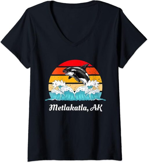 Womens Vintage Metlakatla AK Distressed Orca Killer Whale Art V-Neck T-Shirt