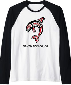 Santa Monica, CA Native American Orca Killer Whale Raglan Baseball Tee