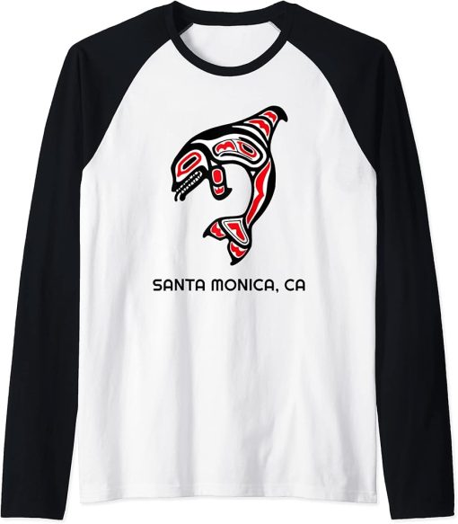 Santa Monica, CA Native American Orca Killer Whale Raglan Baseball Tee