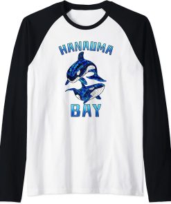 Hanauma Bay Hawaii Vacation Tribal Whale Orca Raglan Baseball Tee