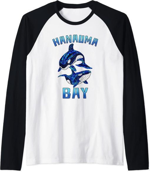 Hanauma Bay Hawaii Vacation Tribal Whale Orca Raglan Baseball Tee
