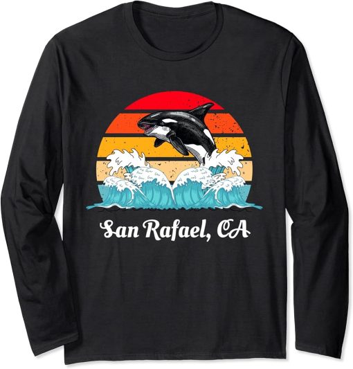 Vintage San Rafael CA Distressed Orca Killer Whale Art Long Sleeve T-Shirt